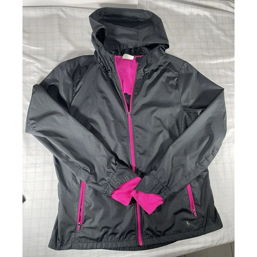 Danskin Now Women's Hooded Windbreaker Jacket Size L (12-14) Gray Pink Athletic
